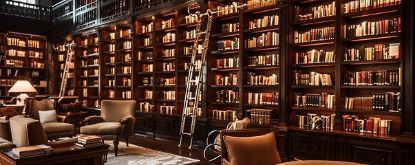 A sophisticated library with dark wood bookshelves a rolling ladder and comfortable seating Warm and inviting space