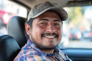 Happy Rideshare Driver. A young man wearing a plaid shirt and baseball cap smiles warmly while sitting in the driver's seat of a car.