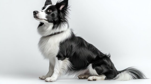 A black and white dog sitting gracefully against a plain background, showcasing its fluffy fur and alert expression