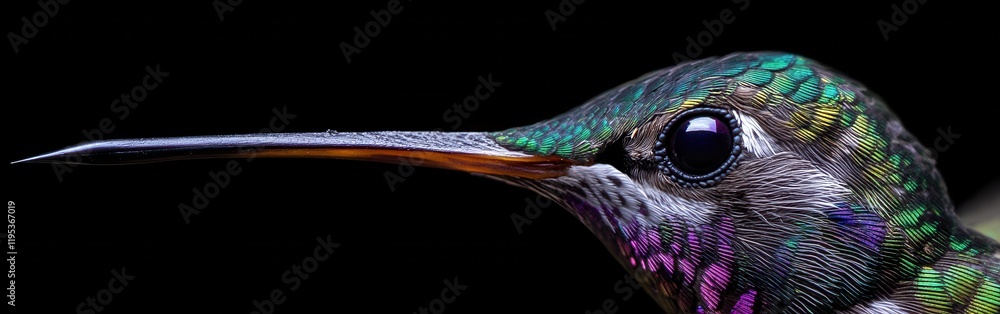 Poster close-up view of a hummingbird's vibrant face showcasing detailed feathers and striking colors in na