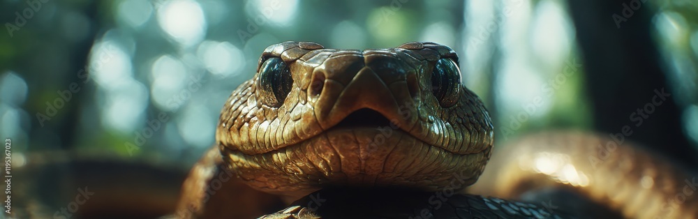 Poster close-up view of a snake's face showcasing intricate scales and sharp features in its natural habita