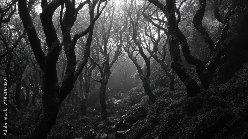Poster a dark and misty forest scene with silhouetted trees and a rocky path in the fog