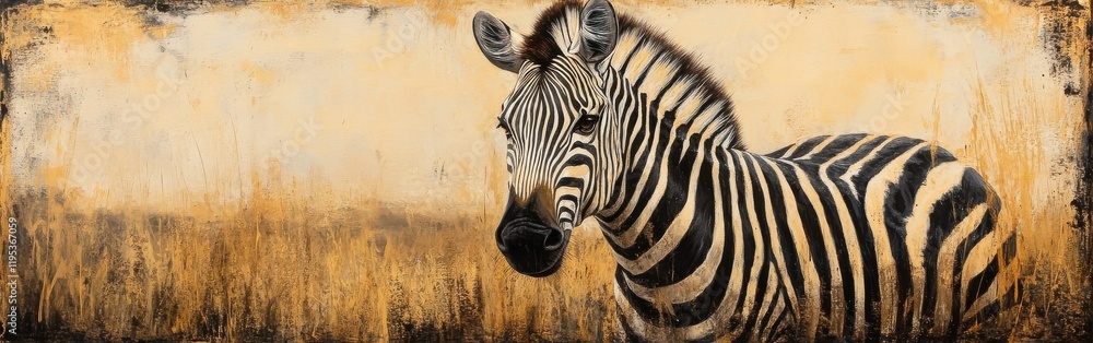 Poster Close-up view of a zebra's face showcasing unique stripes against a warm background