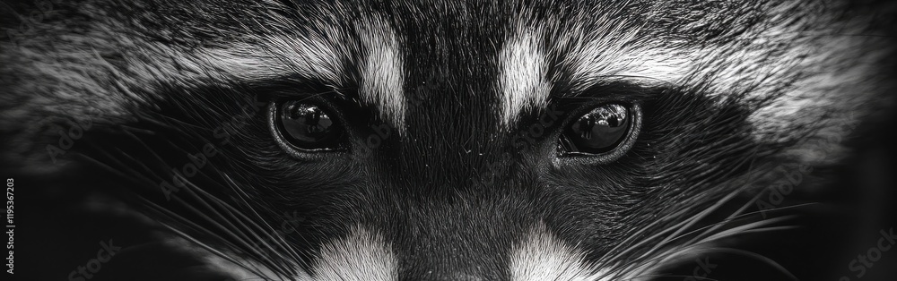 Poster close-up of a raccoon's face displaying intricate fur patterns and sharp eyes in natural surrounding