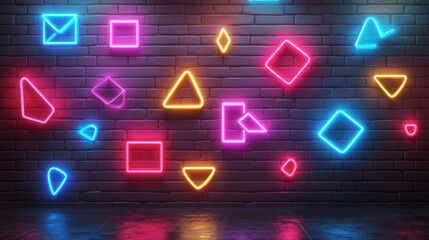 Neon shapes on dark wall create vibrant, modern atmosphere