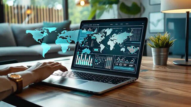 Person analyzing data on laptop with modern analytics dashboard.