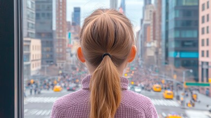 Social Anxiety and Introvert Concept, Young Woman Gazing Out of Window at Busy City Street with Urban Life and Crowded Traffic Below