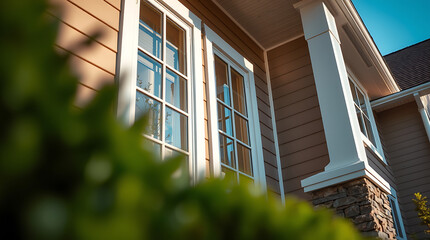 Fototapeta premium Captivating Home Exterior: Modern Architecture, Brown Siding, and White Trim. Sunlight illuminates the windows, creating a warm, inviting ambiance. The stone column adds a touch of rustic charm.