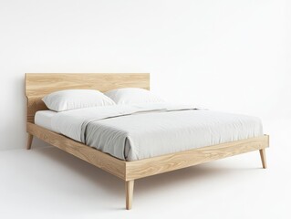 minimalist scandinavian bedroom interior featuring natural wooden bed frame against clean white wall with modern design elements