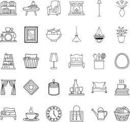 Home Decor Line Icons Furniture, Plants, and Accessories