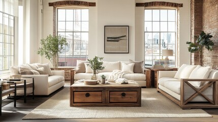 Fototapeta premium Stylish living room featuring comfortable furniture and large windows with a city view in a modern setting