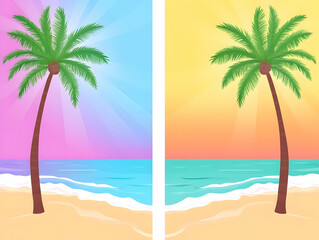 Obraz premium Tropical Beach Illustration: Palm Tree Sunset
