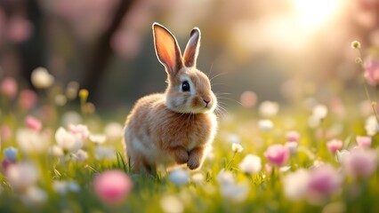 Obraz premium An Easter bunny hopping in a flower field with sunlight