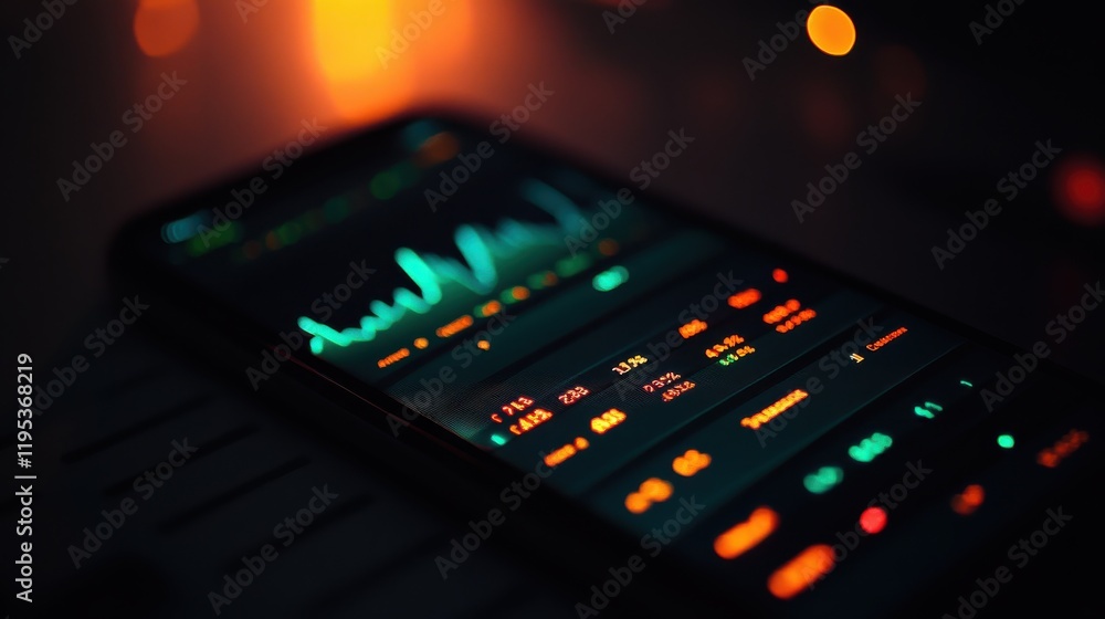 Poster glowing financial app interface with data and analytics displayed on a smartphone during nighttime