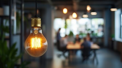 Glowing vintage-style light bulb illuminating a modern office environment during a busy workday