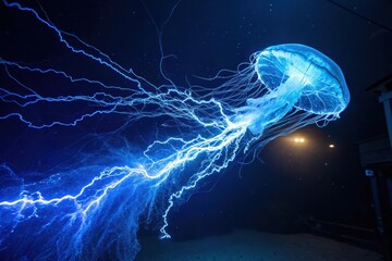 Electric Jellyfish A luminous aquatic creature with bioluminescent trails resembling bolts of lightning in a dark underwater environment.