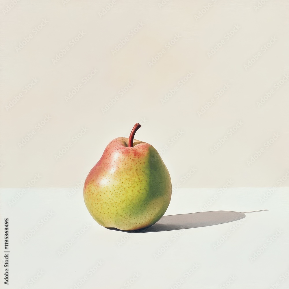 Poster fresh green pear with a blush of red resting on a light background