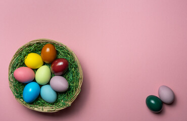 Easter eggs in nest on pink background with space for text