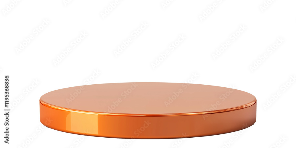Poster sleek orange metal display base with glossy finish, perfect for showcasing products or items in modern setting. round platform is isolated against plain background