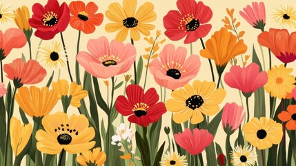 Bright floral pattern featuring vibrant blossoms in a lively arrangement on a light background