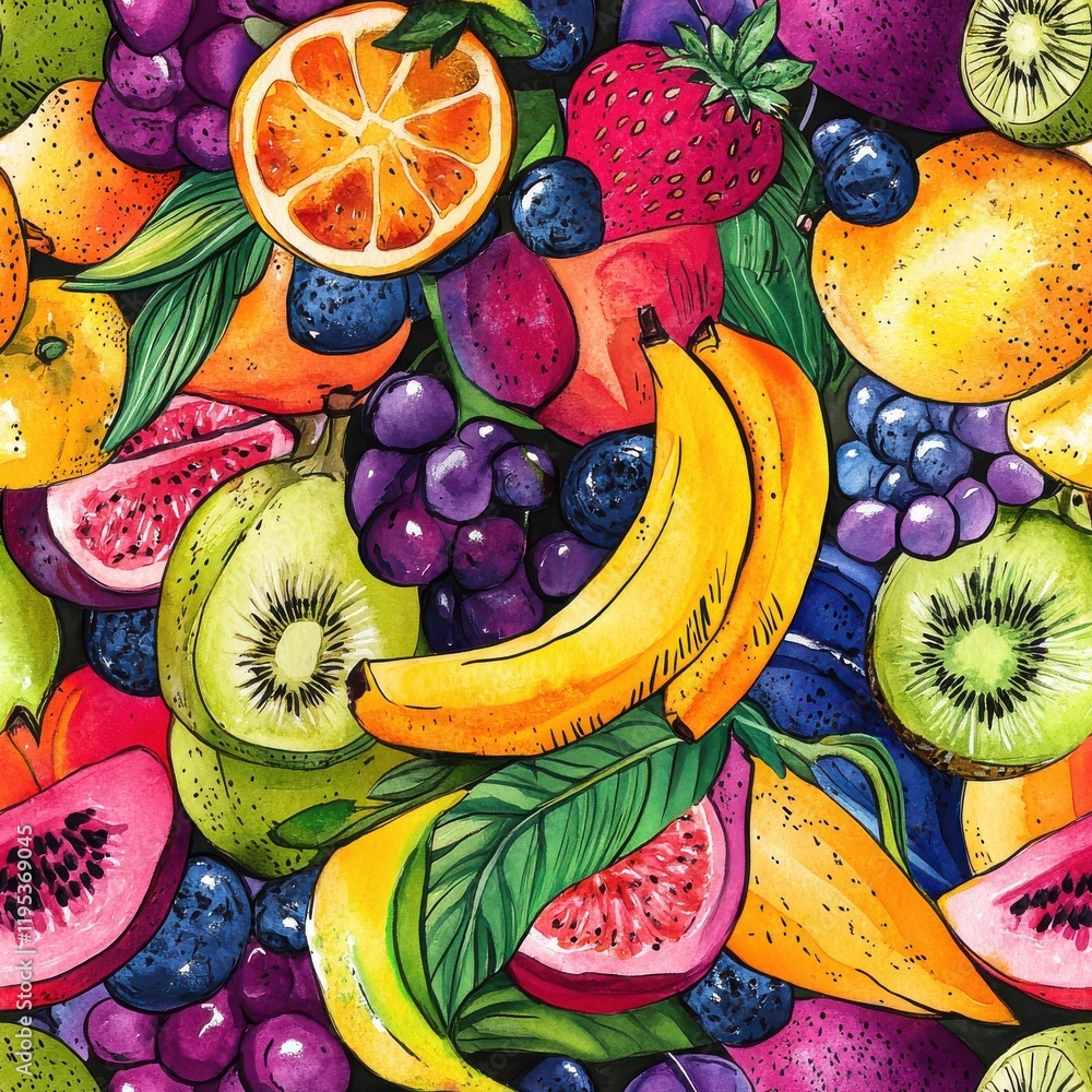 Poster colorful watercolor doodles of various fruits create a vibrant and dynamic pattern filled with life 