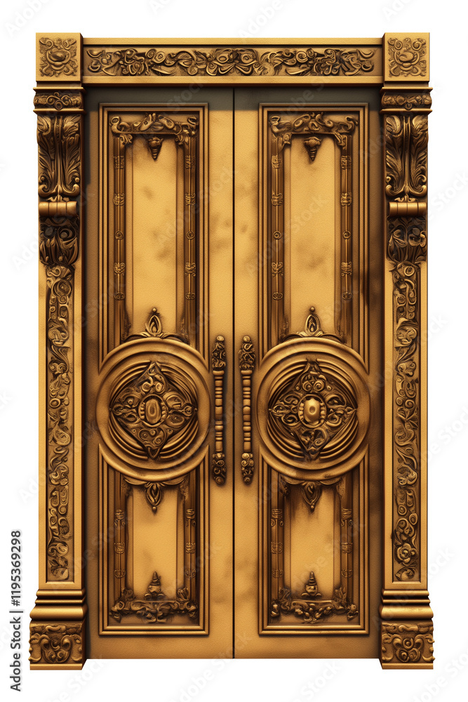 Poster golden brass door with intricate embossed details, featuring ornate patterns and elegant craftsmansh