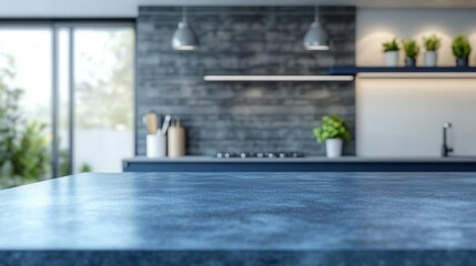 modern kitchen featuring a pristine blue countertop contrasted against a sleek, blurred backdrop of a stylish interior, inviting for food presentation or product display