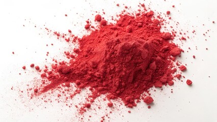 Fototapeta premium A vibrant pile of crimson powder, finely textured and richly colored, spills across a pristine white surface.