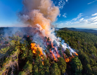 An aerial view of a forest fire spreading, highlighting the various hues of flames amidst the trees.