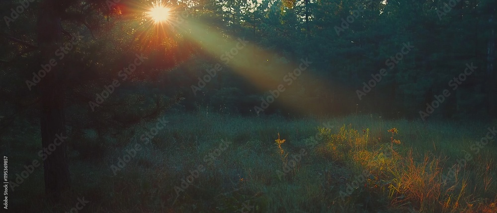 Poster sunlight filters through trees in a tranquil forest during the golden hour near a grassy meadow