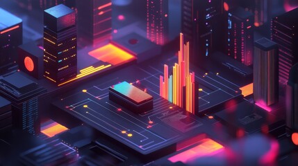 Glowing data visualizations in a futuristic urban landscape during the night