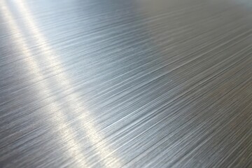 Close-up view of a brushed metal surface with subtle light reflections showcasing a sleek, linear texture