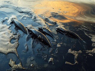 An oil spill affecting marine life, a dead school of fish