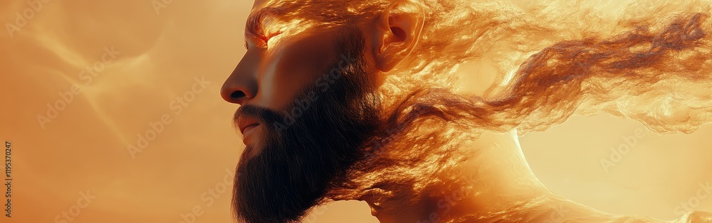 Poster conceptual visualization of a man's face blending with fiery elements against an orange hue