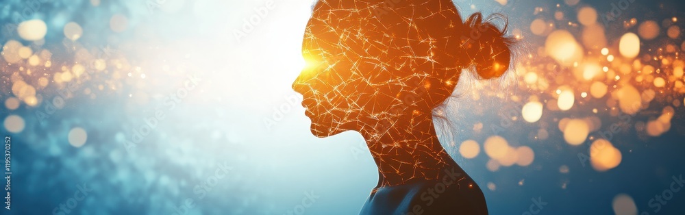 Poster conceptual visualization of a glowing woman embodying inner light and energy in a mystical environme
