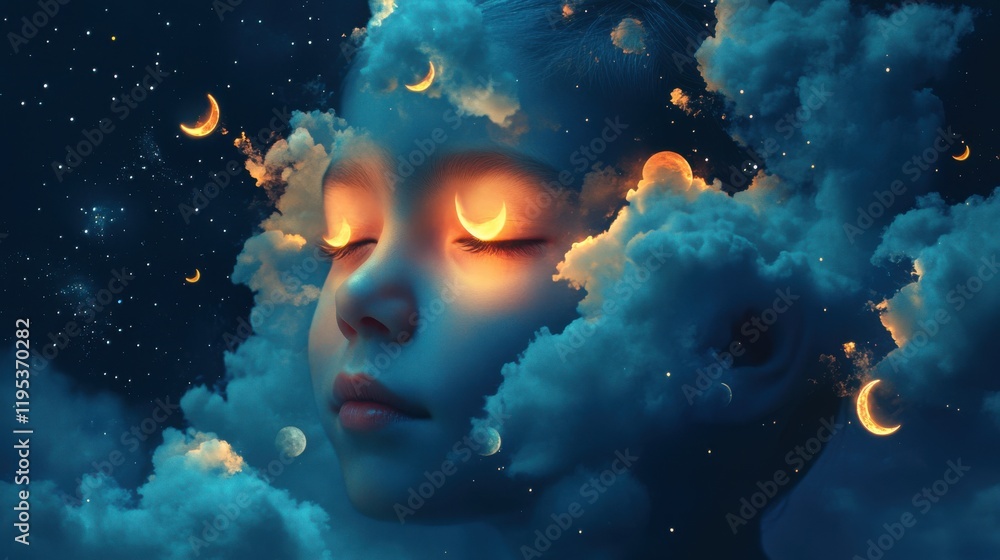 Aufkleber conceptual visualization of a child's face with celestial elements during a dreamlike night