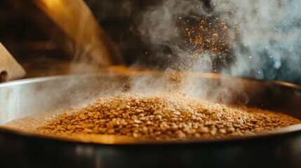 Roasting coffee beans in steaming pan