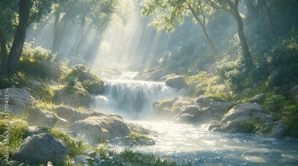 Poster sunlit stream cascading through a tranquil forest.