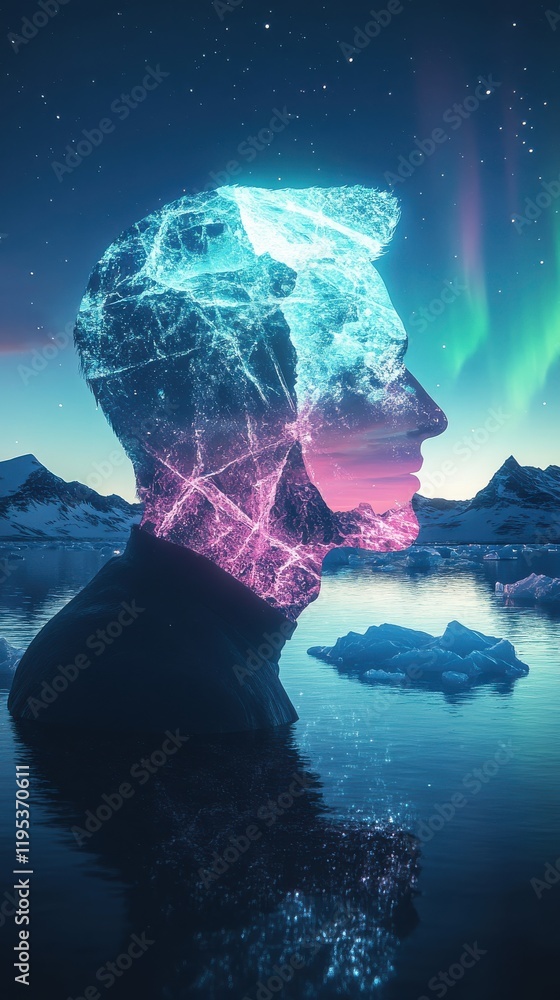 Aufkleber Conceptual representation of a glowing man reflecting in the water with northern lights and mountains in the background