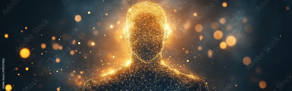 Poster glowing figure represents energy and connection in a mystical setting with ethereal lights and a dar