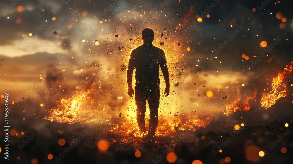 Aufkleber conceptual representation of a glowing man surrounded by flames at twilight