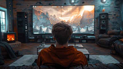 Fototapeta premium Over-the-Shoulder Shot of a Young Man Using a Computer in a Modern Workspace 