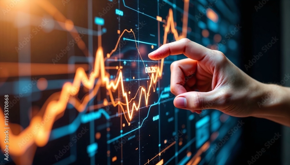 Aufkleber hand interacting with a vibrant holographic digital graph featuring glowing lines and rising data po