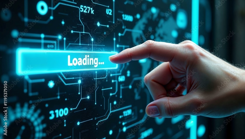 Poster 'loading...' virtual progress bar touched by a hand in a futuristic digital environment