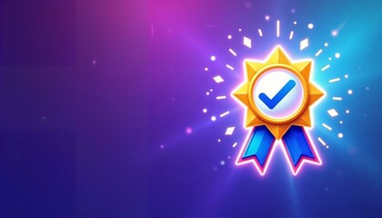 Glowing digital award ribbon icon with checkmark and bright star highlights
