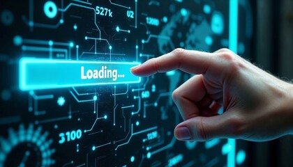 'Loading...' Virtual progress bar touched by a hand in a futuristic digital environment