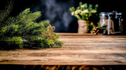 Fototapeta premium Rustic Christmas Fir Branches on Wooden Table Background