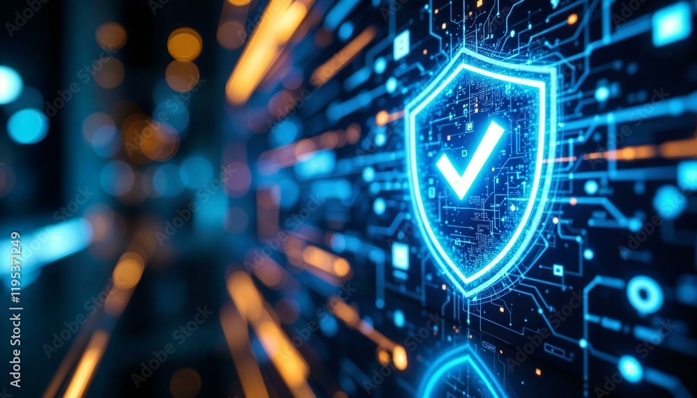 Aufkleber holographic security shield with glowing blue checkmark representing advanced cybersecurity solution