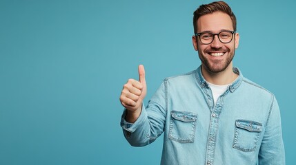 Naklejka premium Cheerful man giving a thumbs-up in front of a bright blue background, showcasing friendly vibes in a casual setting