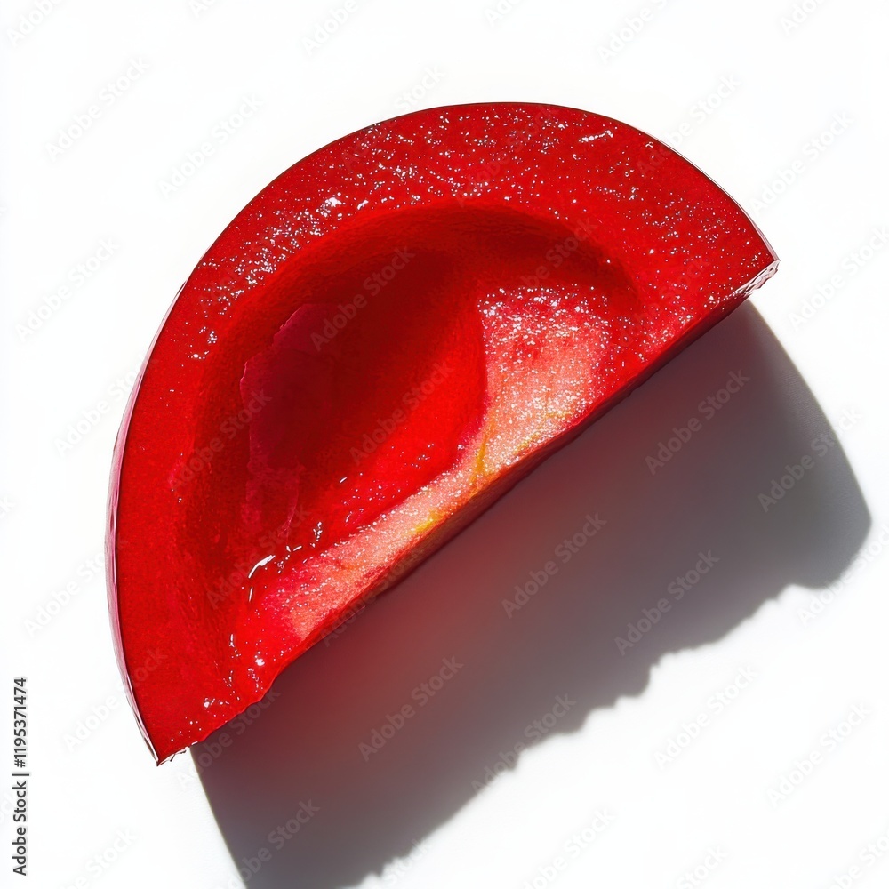 Poster bright red apple slice with glossy peel shining in natural light during daytime